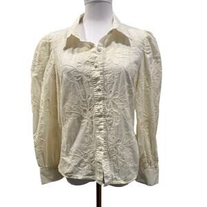 Cream Embroidered Cotton Button Up Long Puff Sleeve Blouse Coquette Medium Chic